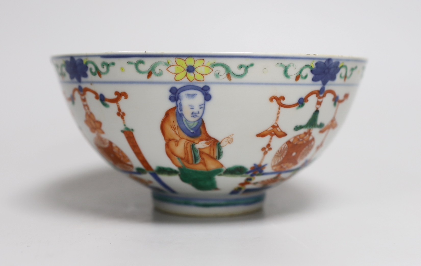 A Chinese wucai ‘boys’ bowl, Kangxi mark late 19th/early 20th century, dragon to the interior, 16. - Image 2 of 5
