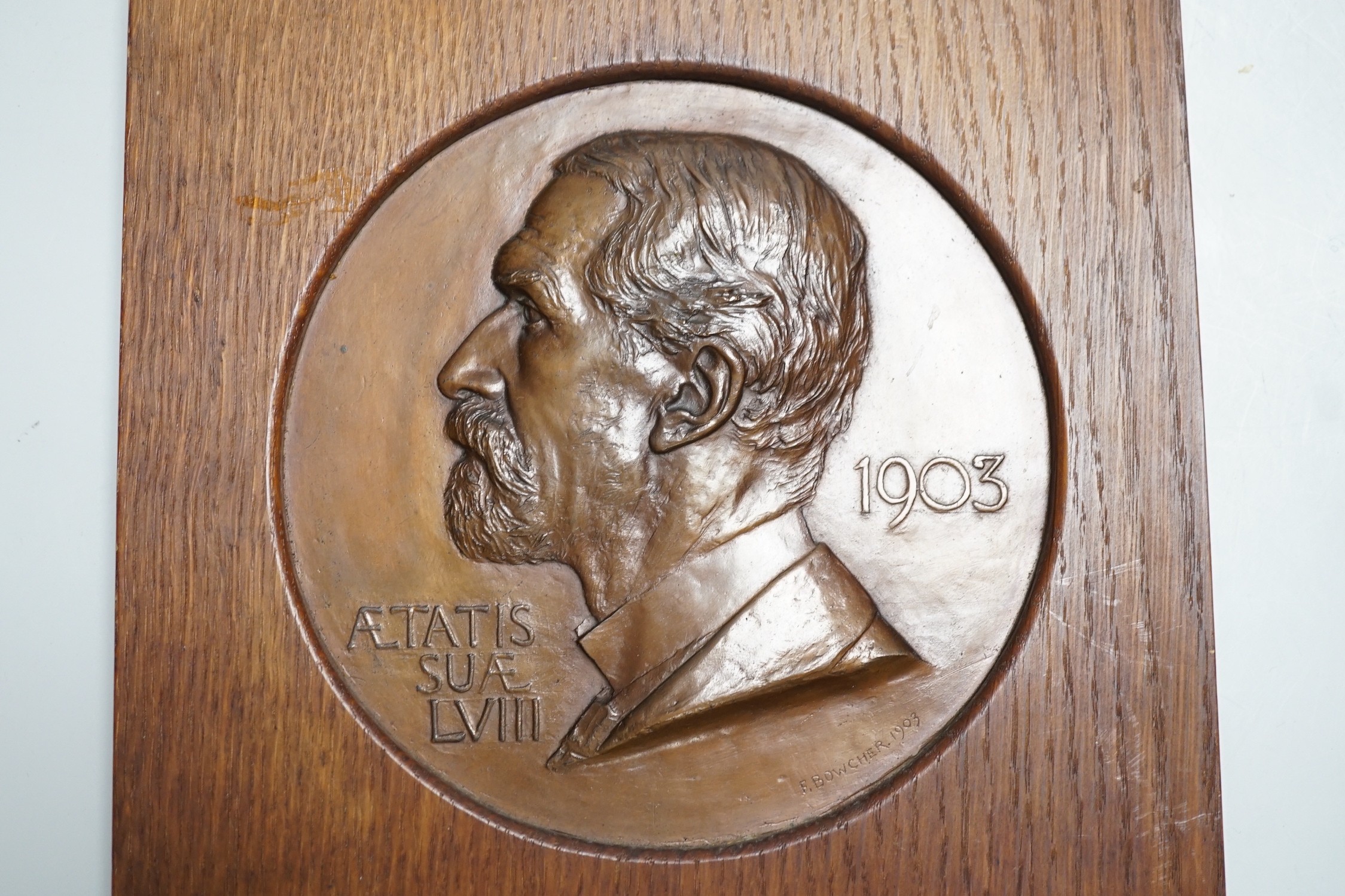 Frank Bowcher (1864-1938) bronze portrait relief plaque ‘To commemorate Edward Nettleships work - Image 2 of 3