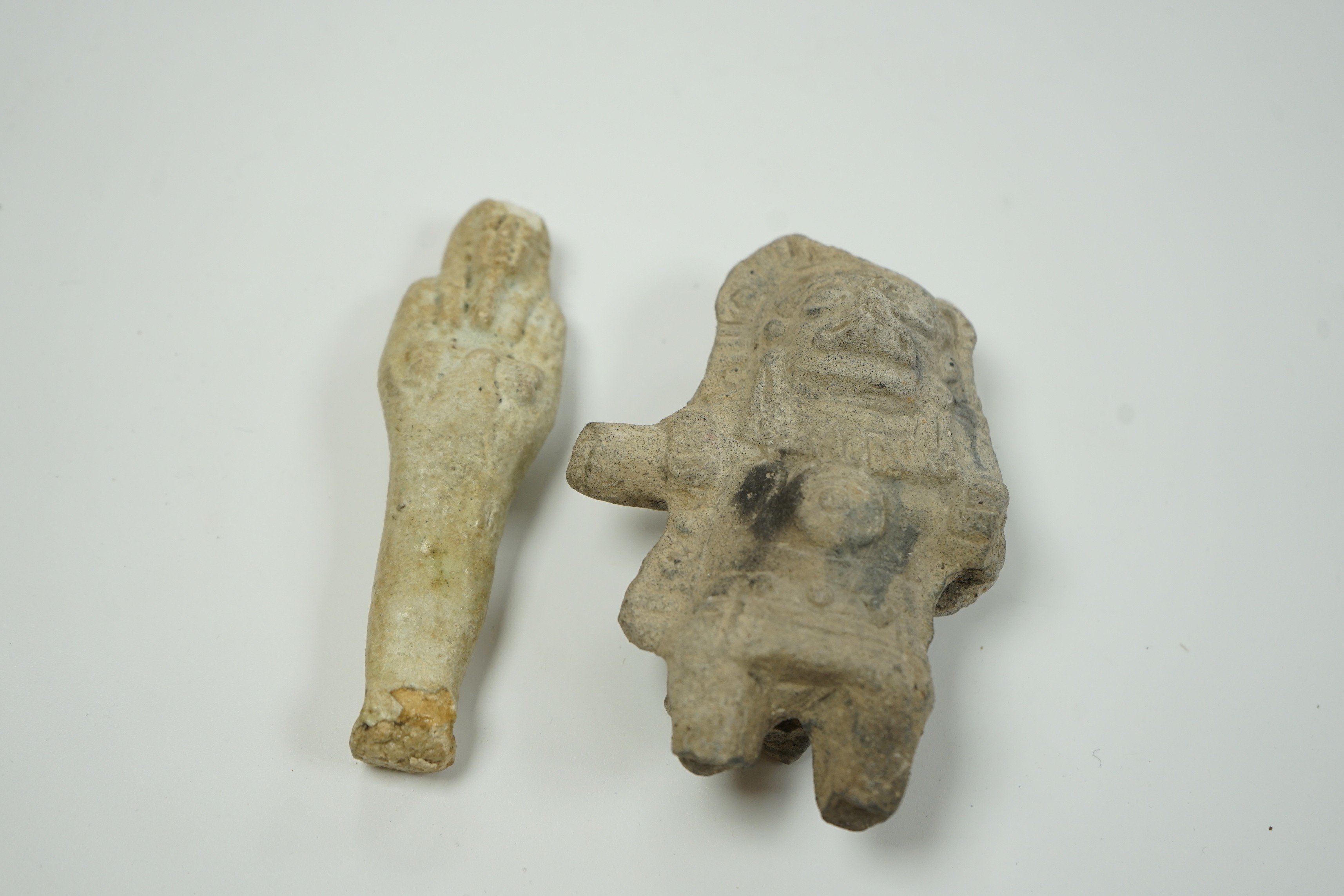 An Egyptian cream faience ushabti and a pre-Columbian pottery figure, 10cm high - Image 3 of 4