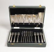 A cased set of six pairs of small silver fish eaters and three small pairs of servers, Thomas