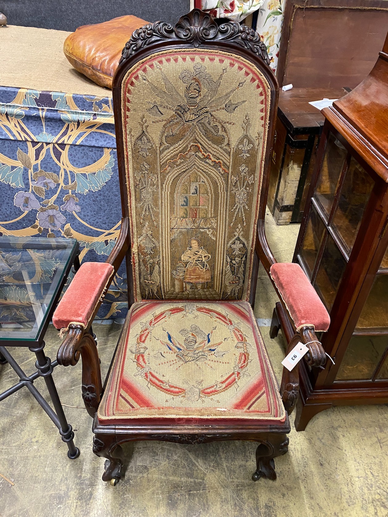 A Victorian carved rosewood elbow chair with tapestry seat and back, width 69cm, depth 47cm, - Image 2 of 2