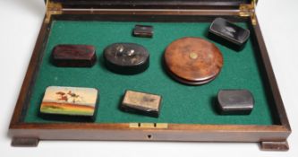 A collection of turned treen and various japanned papier mache boxes, contained in a glazed topped