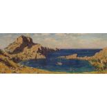 Ernest Knight (1915-1995), oil on board, 'St Paul's Bay, Lindos, Rhodes', signed, 32 x 83cm