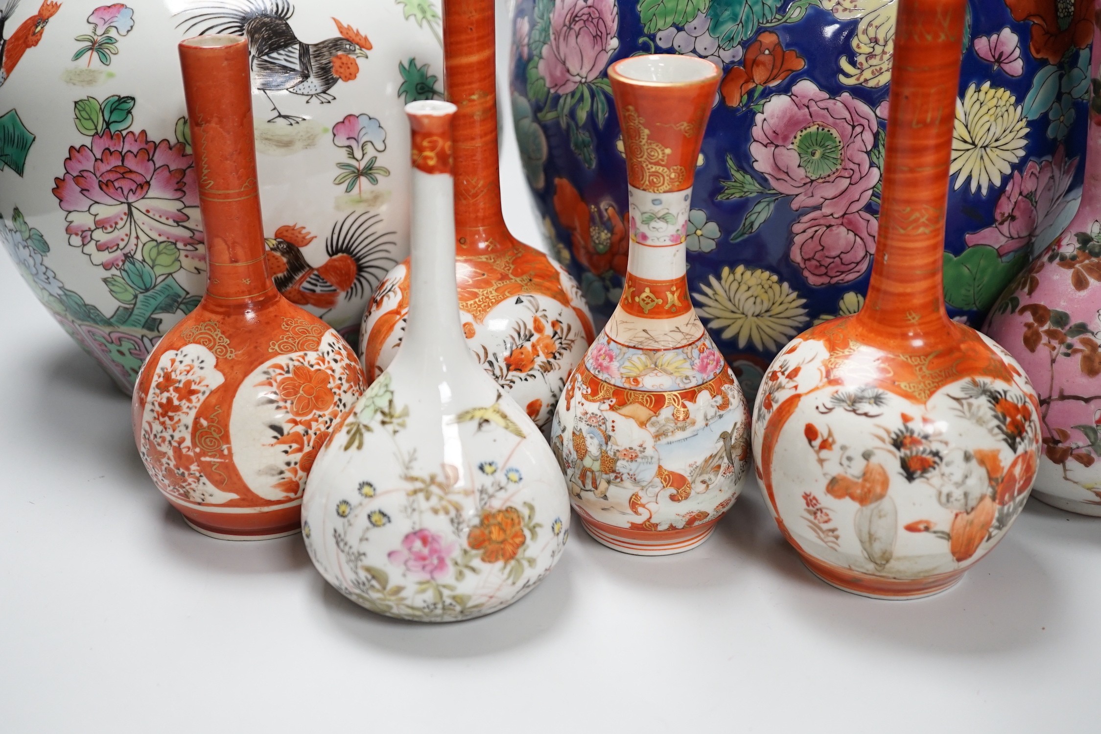 6 Japanese Kutani porcelain bottle vases together with two Chinese famille rose jars and covers, - Image 2 of 7