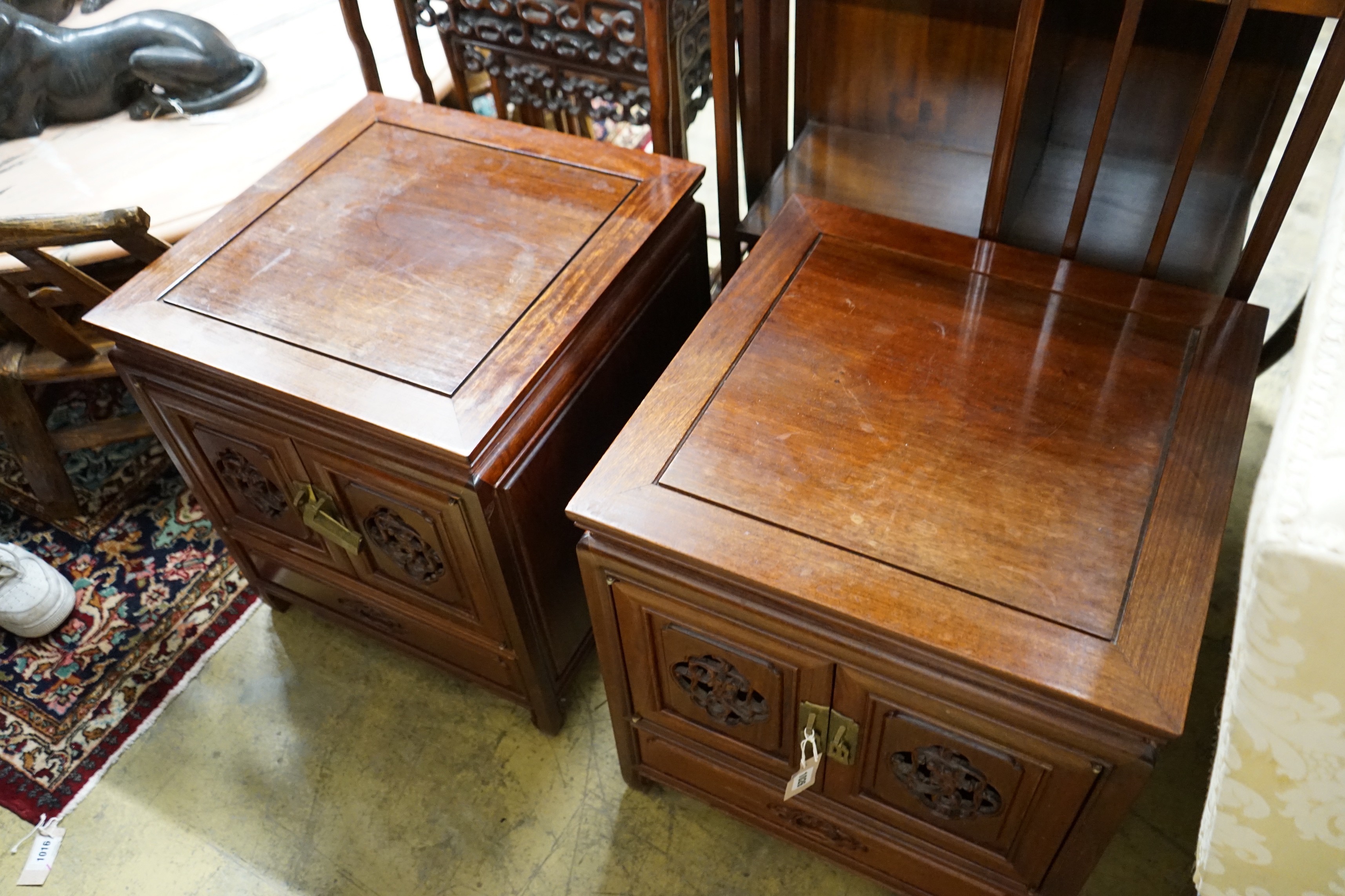 A pair of Chinese carved padouk bedside cabinets, width 51cm, depth 51cm, height 56cm - Image 2 of 3