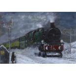 Modern British, oil on canvas, a train passing through the winter snow, 40 x 57cm