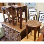 A nest of three Edwardian mahogany tea tables, height 61cm, a nest of three oak tea tables and an