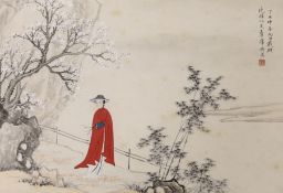 Chinese School, early 20th century, Lady in a winter landscape, ink and colour on paper,