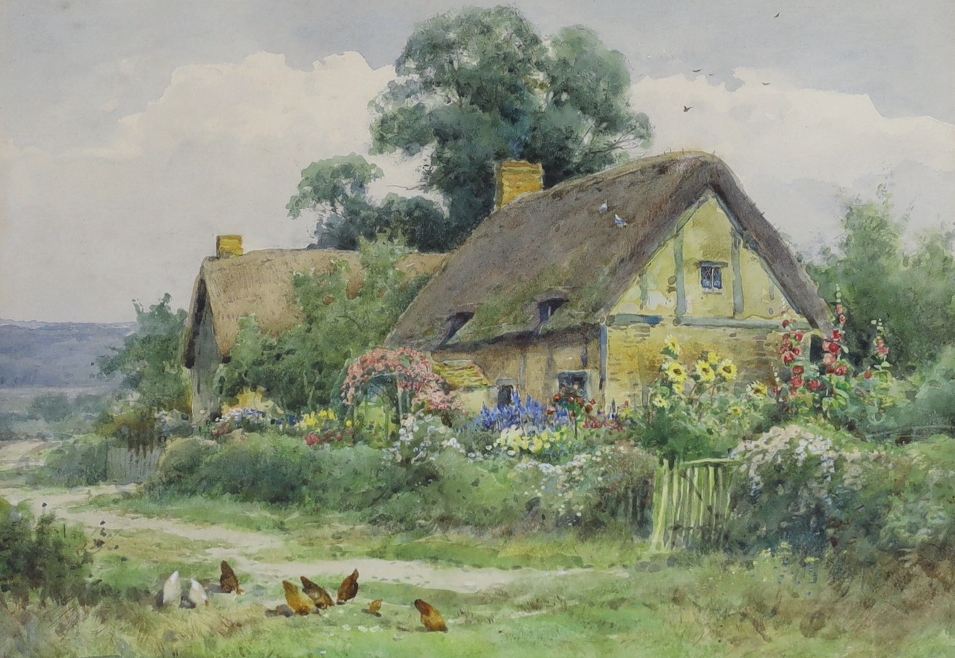 Henry John Sylvester Stannard (1870-1951), watercolour, Chickens beside a thatched cottage,