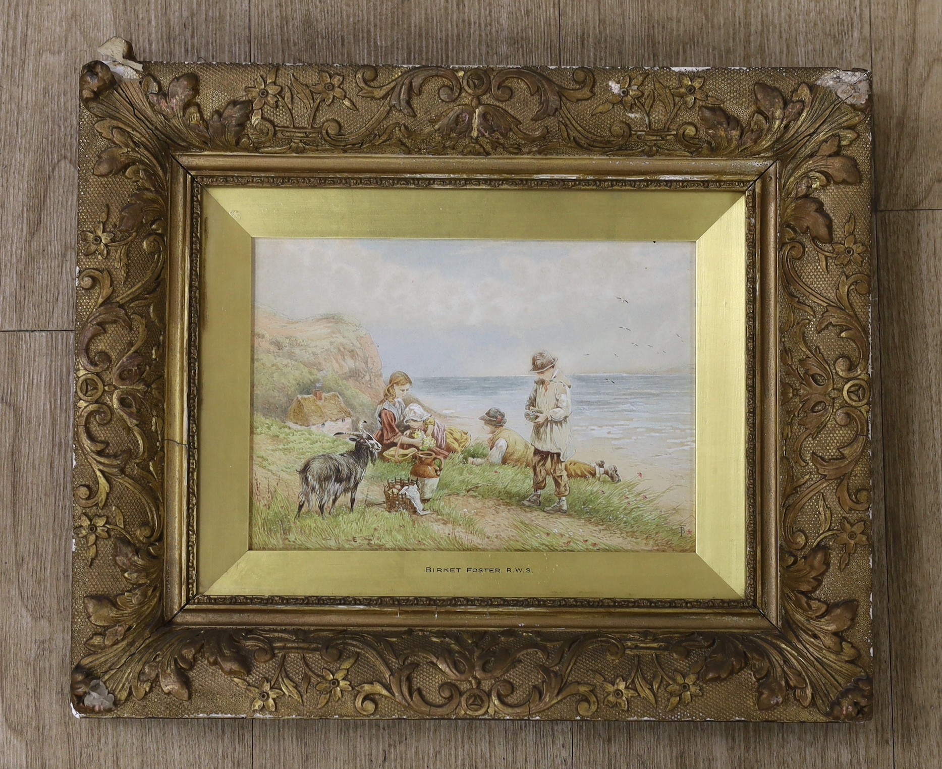 After Myles Birkett Foster (1825-1899) watercolour, Children with a goat, resting on a coastal path, - Image 2 of 3