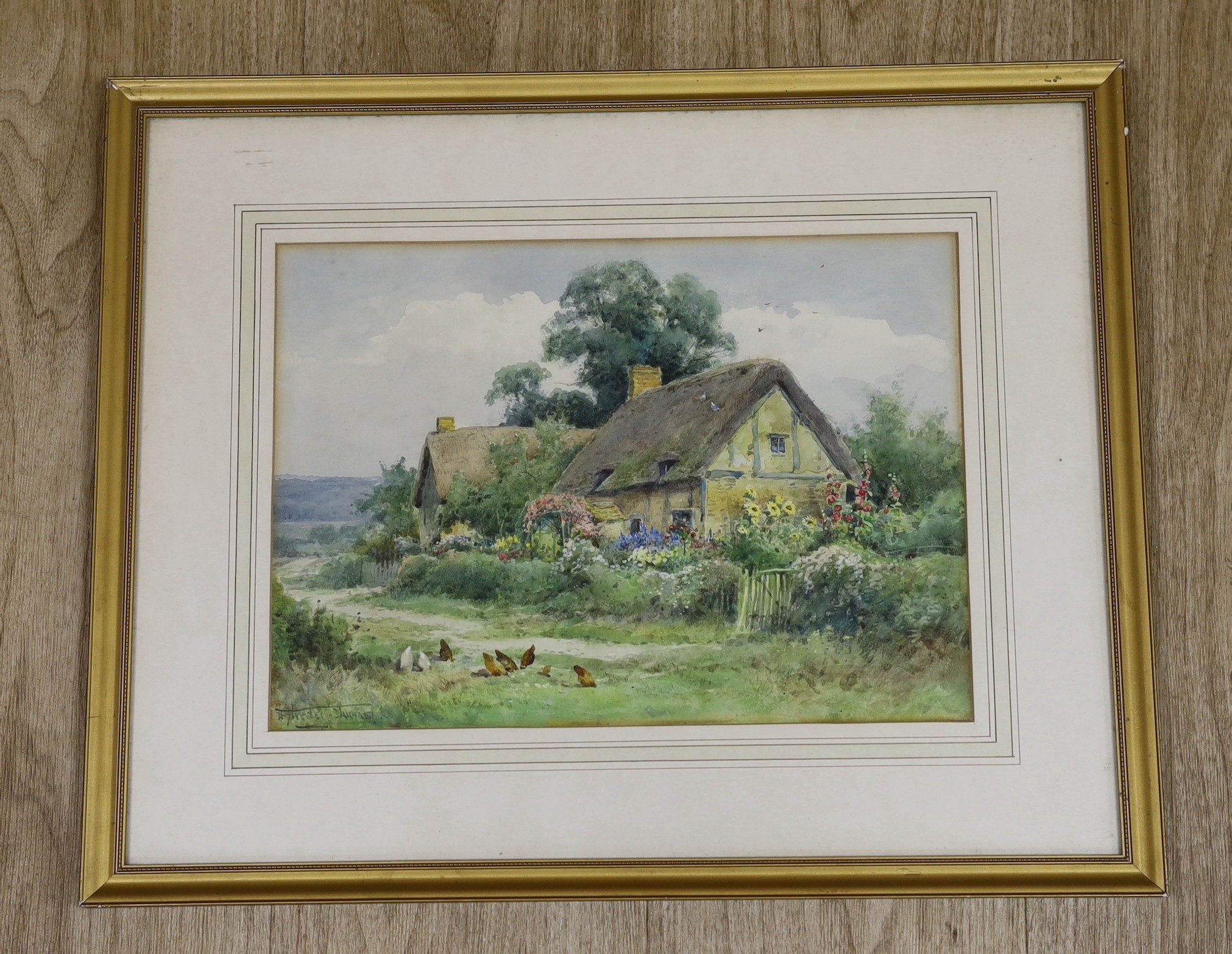 Henry John Sylvester Stannard (1870-1951), watercolour, Chickens beside a thatched cottage, - Image 2 of 3