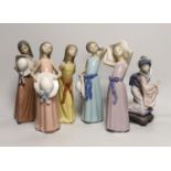 6 Lladro figurines including a Japanese dancer