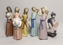 6 Lladro figurines including a Japanese dancer