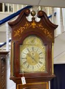 An Edwardian style satinwood banded marquetry inlaid mahogany Westminster chiming 8 day longcase