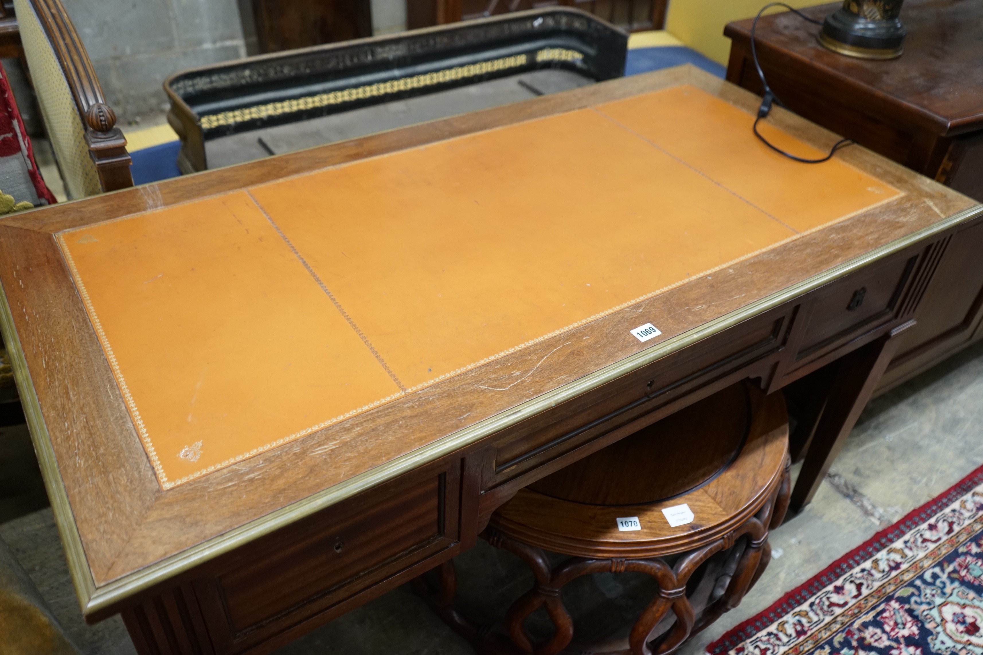 An Empire style brass mounted mahogany kneehole desk, width 130cm, depth 66cm, height 76cm - Image 2 of 4