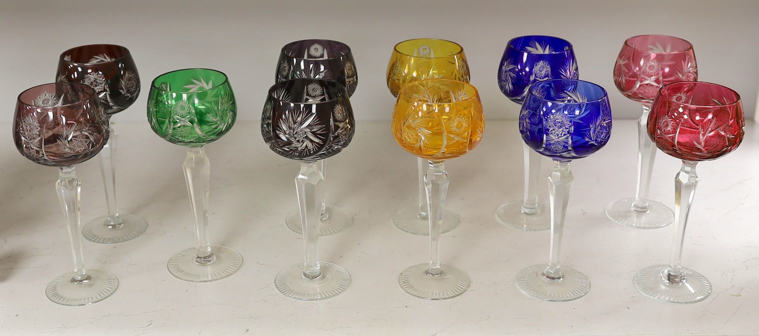 A set of eleven cut and coloured hock glasses