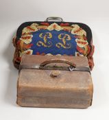 A 19th century needlework and leather bag and a leather Gladstone bag, needlework bag frame 40cms