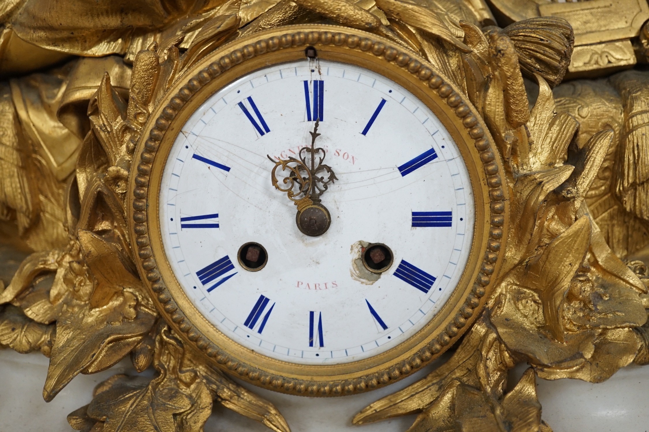 A 19th century French neoclassical revival figural ormolu and white marble clock, 39cm tall - Image 3 of 6