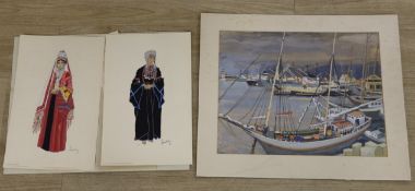 Susan Southby, 20th century, harbour scene, pastel, and six costume study prints ‘Costumes de