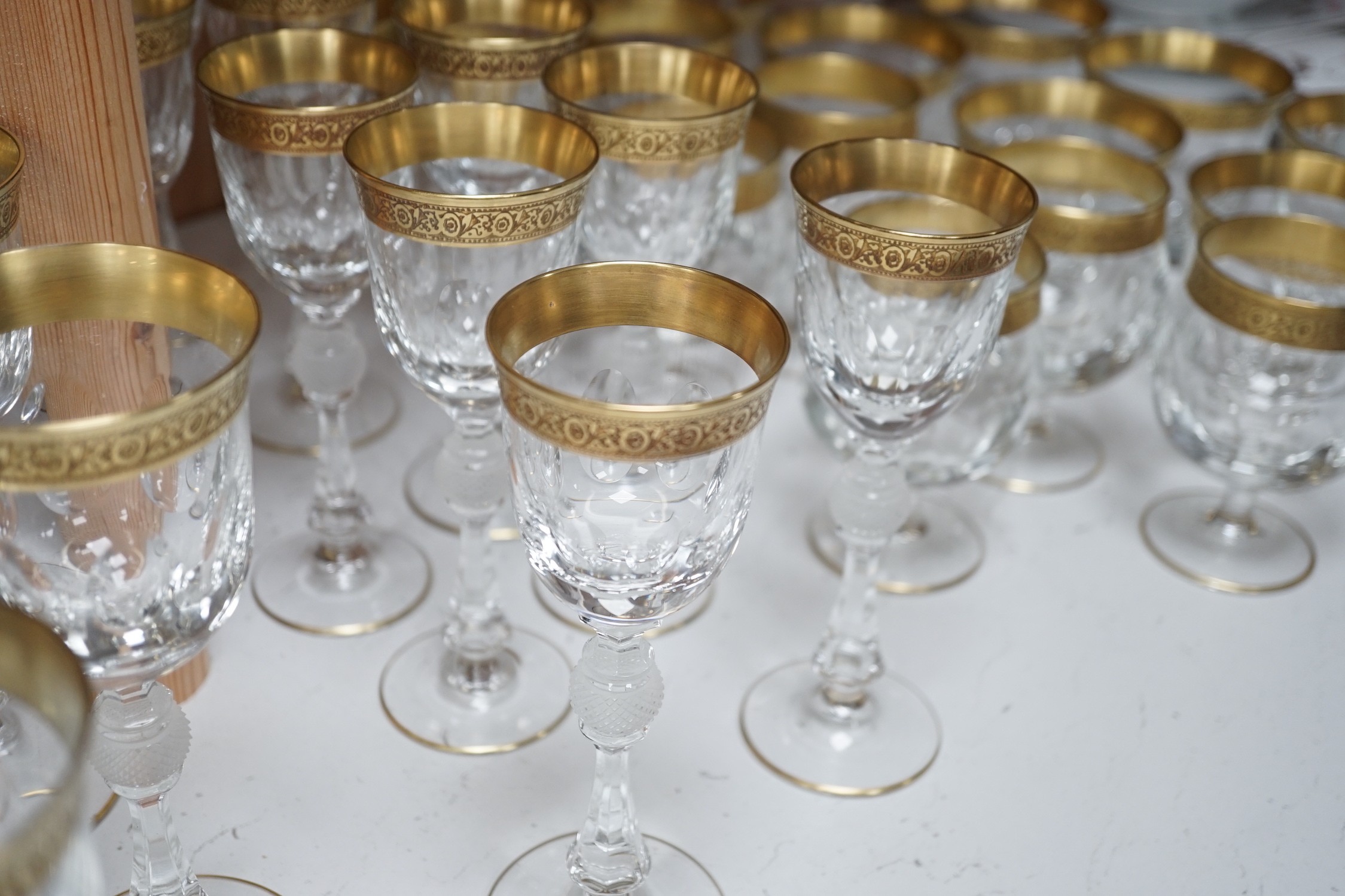 A Harrods retailed parcel gilt and cut and moulded suite of drinking glasses, two decanters and - Image 6 of 6