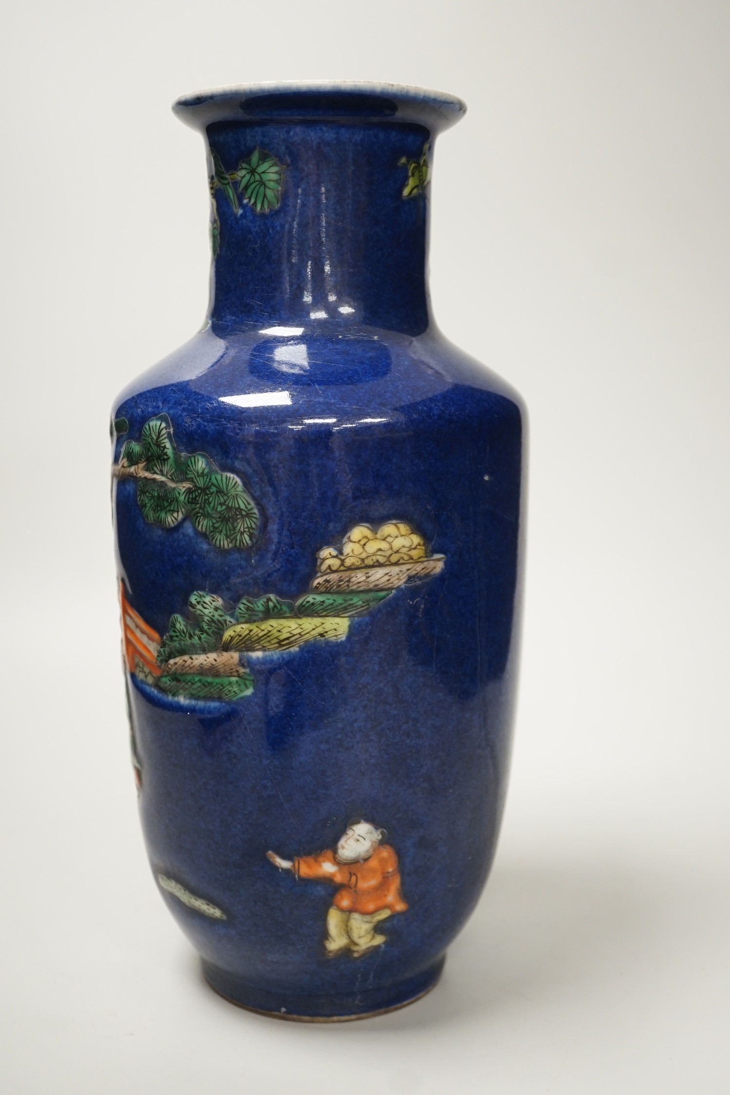 A Chinese powder blue glaze famille verte vase, 31cm - Image 2 of 5