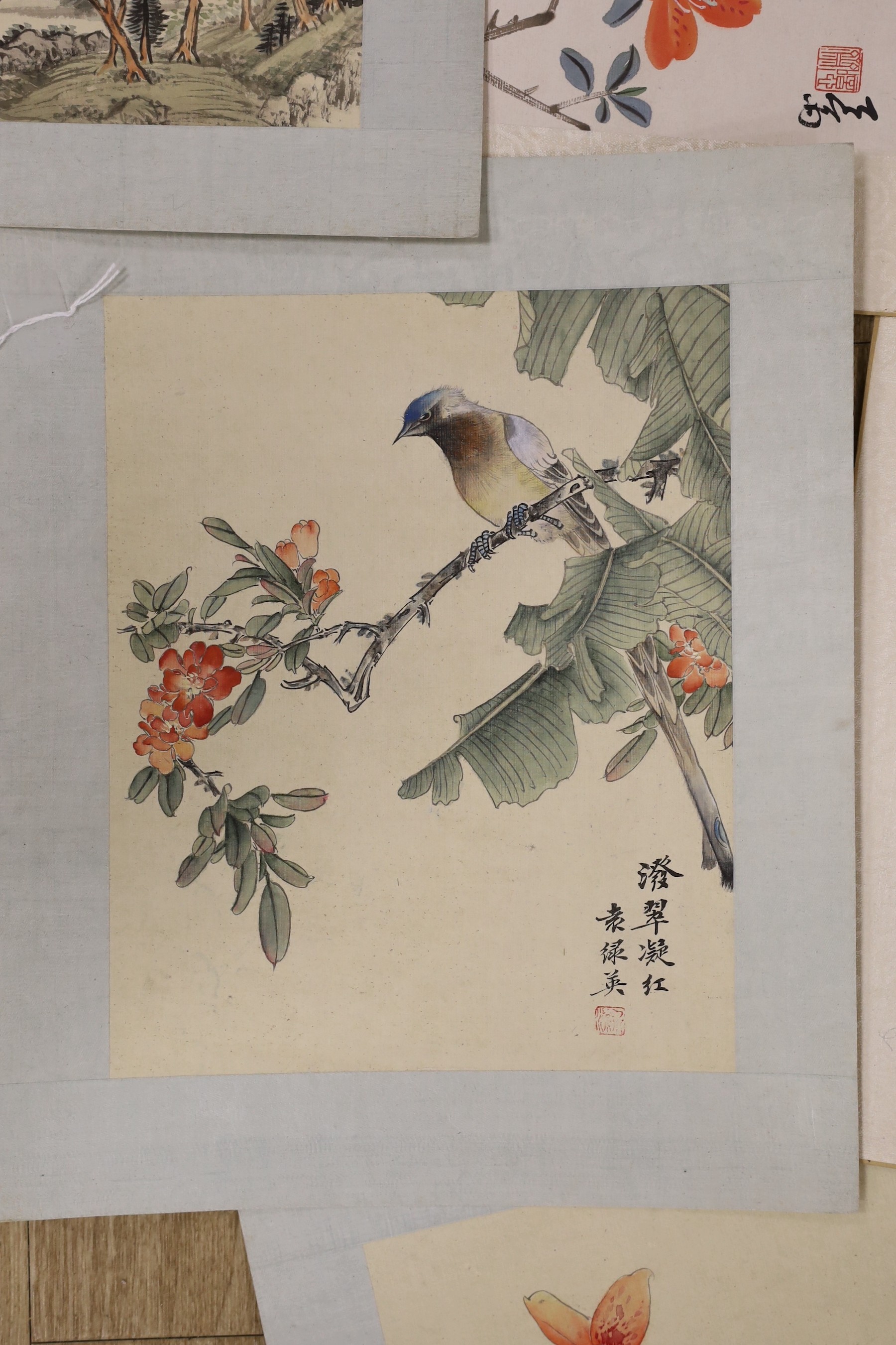 Chinese School, late 20th century, two paintings on silk and three colour woodblocks on paper of - Image 4 of 6