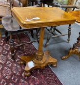 A late Victorian figured banded figured walnut rectangular tilt top wine table, width 58cm, depth
