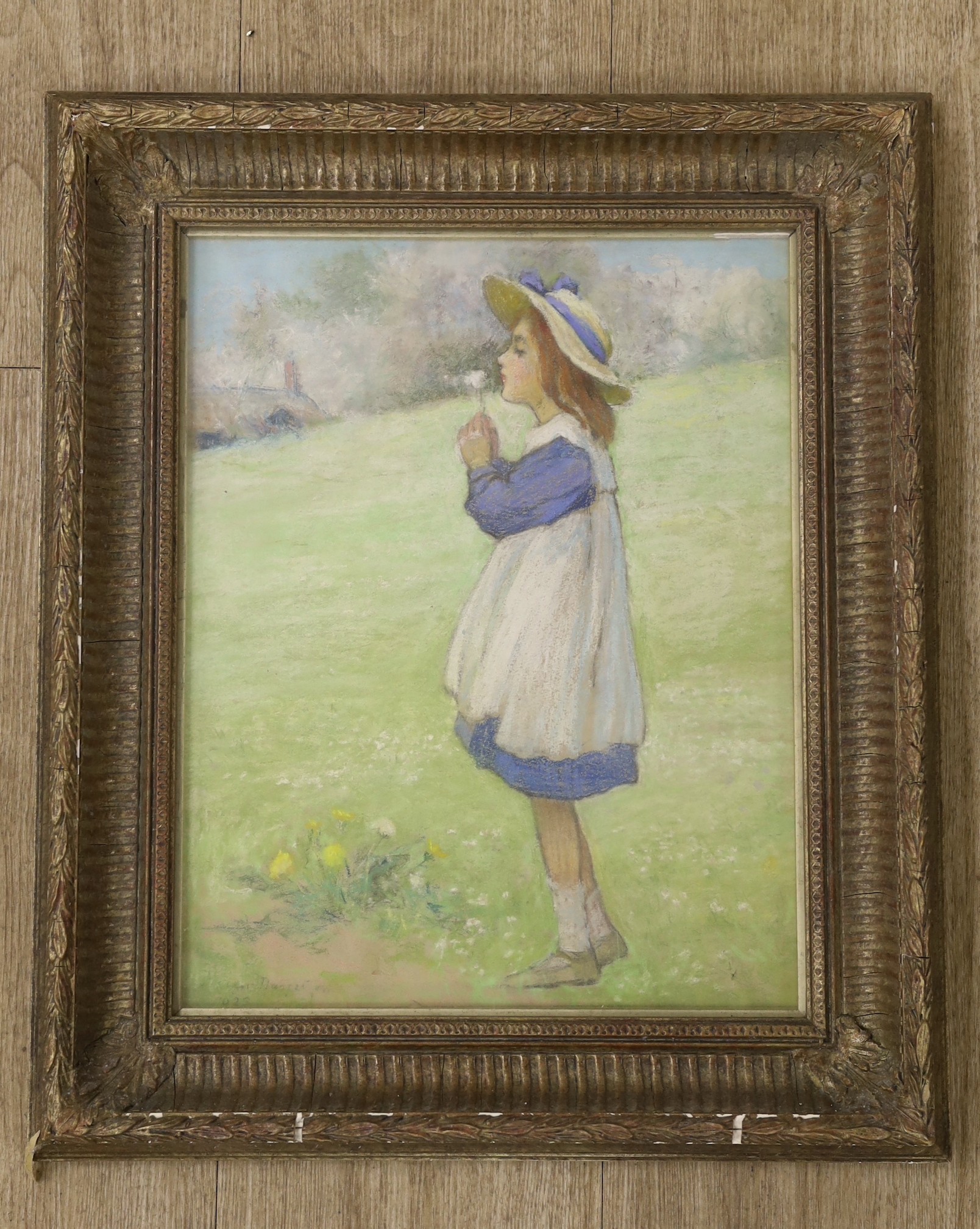 Margetson, pastel, Girl blowing a dandelion, signed and dated 1923, 37 x 29cm - Image 2 of 3