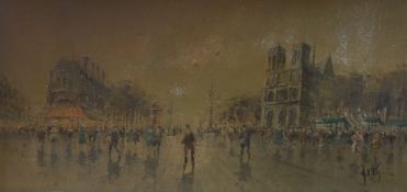 Antonio De Vity, oil on canvas laid on board, View of Notre Dame, indistinctly signed, 58 x 120cm, (