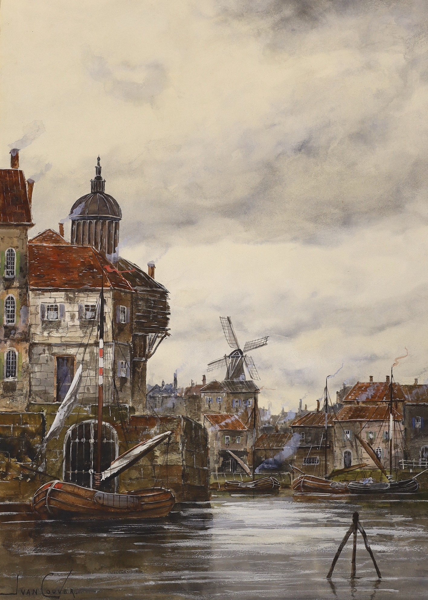 Jan Van Couver (1836-1909), oil on board, topographical view of Dutch canal town, signed, 53 x 38cm, - Image 3 of 4