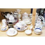 A large collection of mixed 19th century tea ware, a Staffordshire flat back, floral encrusted vase