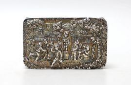 An early 20th century Hanau silver rectangular box, embossed with revellers, import marks for