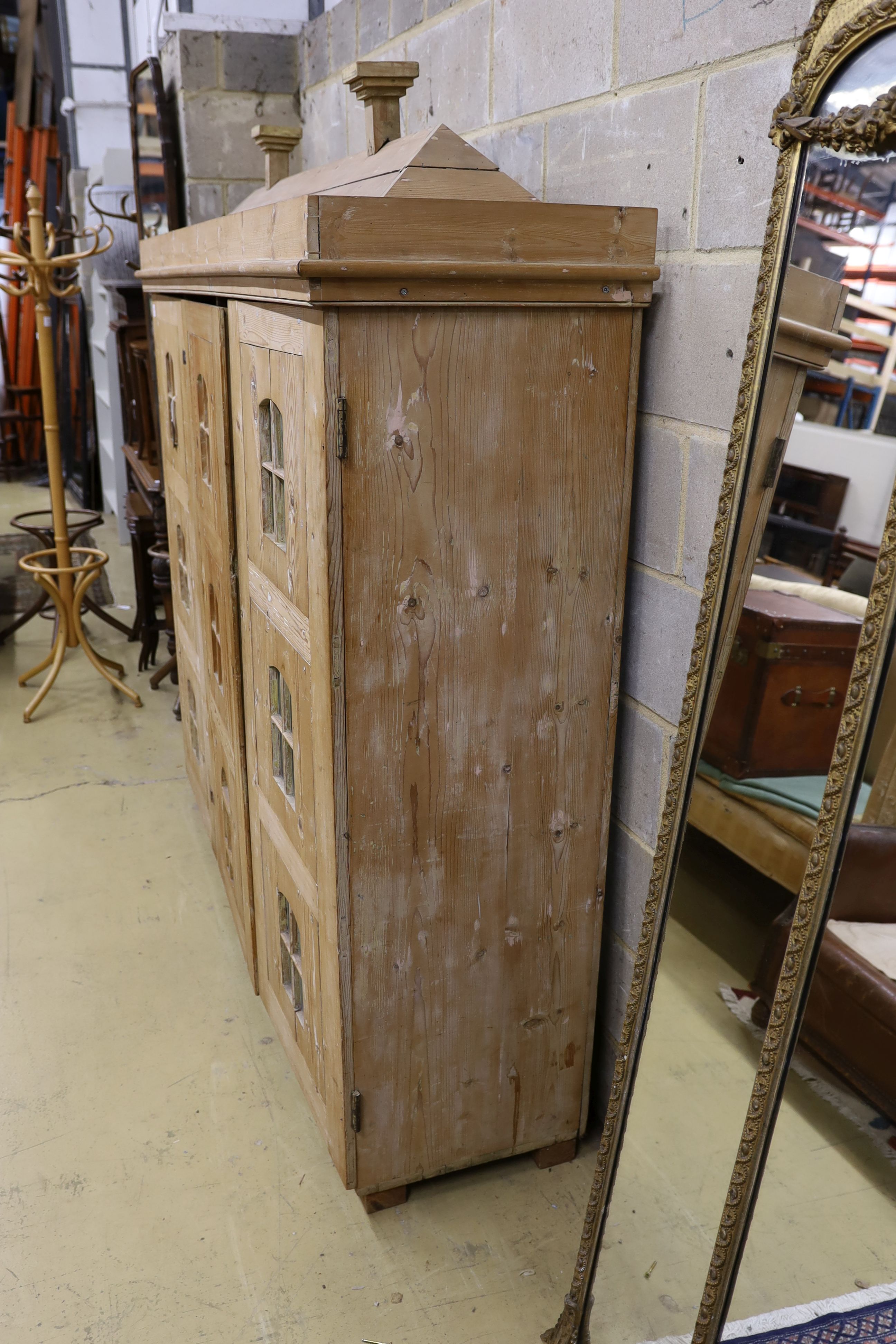 A 19th century stripped pine hall cupboard modelled as a dolls house the two door nine window facade - Image 11 of 20