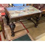 A Jacobean revival rectangular tile top coffee table, width 86cm, depth 59cm, height 54cm