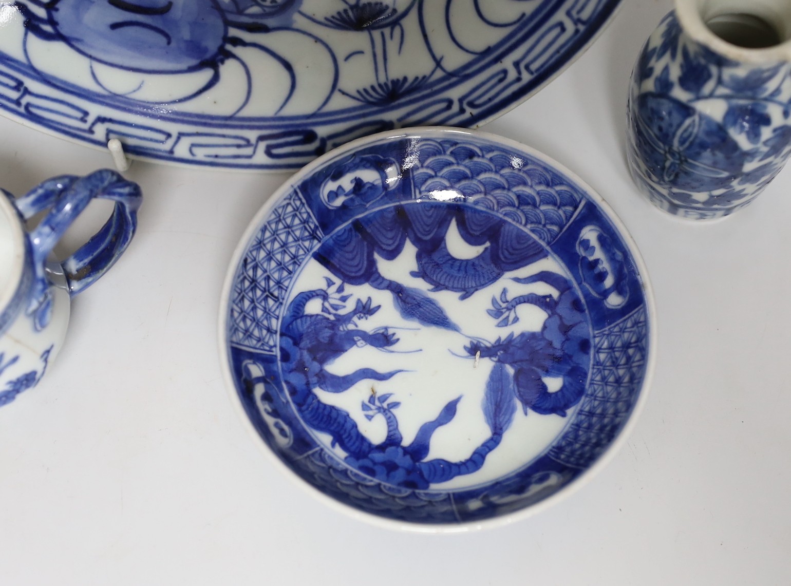 Two Chinese blue and white miniature vases, a cup and saucer and dish, largest dish 22cms diameter - Image 2 of 6