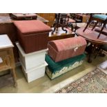 Five upholstered box ottomans, largest length 103cm, depth 57cm, height 35cm