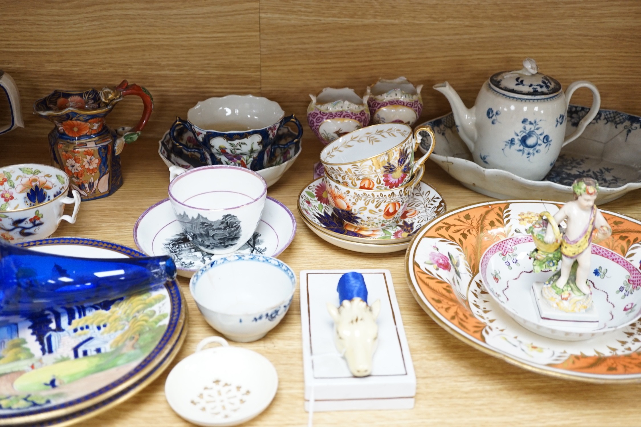 A collection of late 18th/19th century English ceramic teapots, cabinet cups, a jug, dishes and - Image 3 of 8