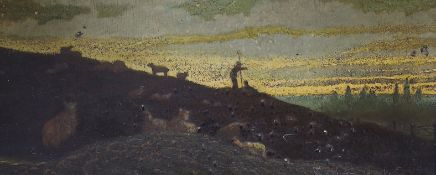 English School, 19th century, oil on board, Study of a shepherd and flock on hillside, 9 x 20cm
