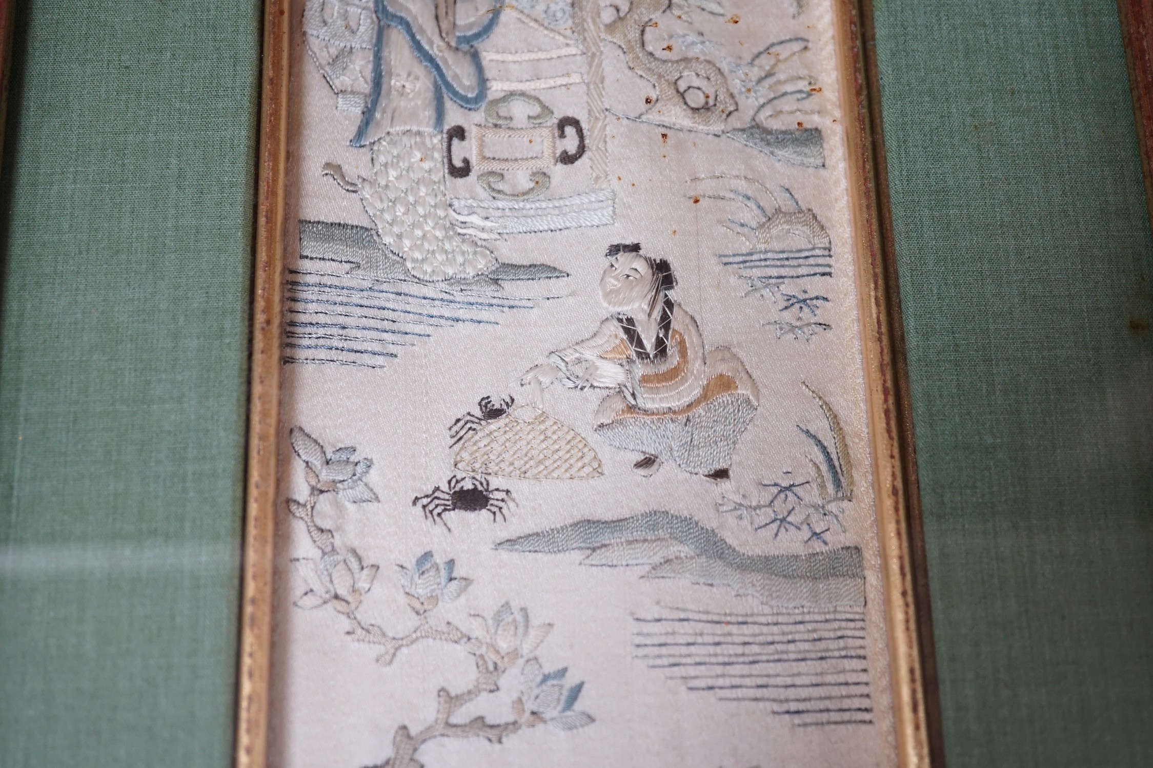 Three pairs of gilt framed, 19th century, silk embroidered, sleeve bands (for Chinese robes), - Image 5 of 10