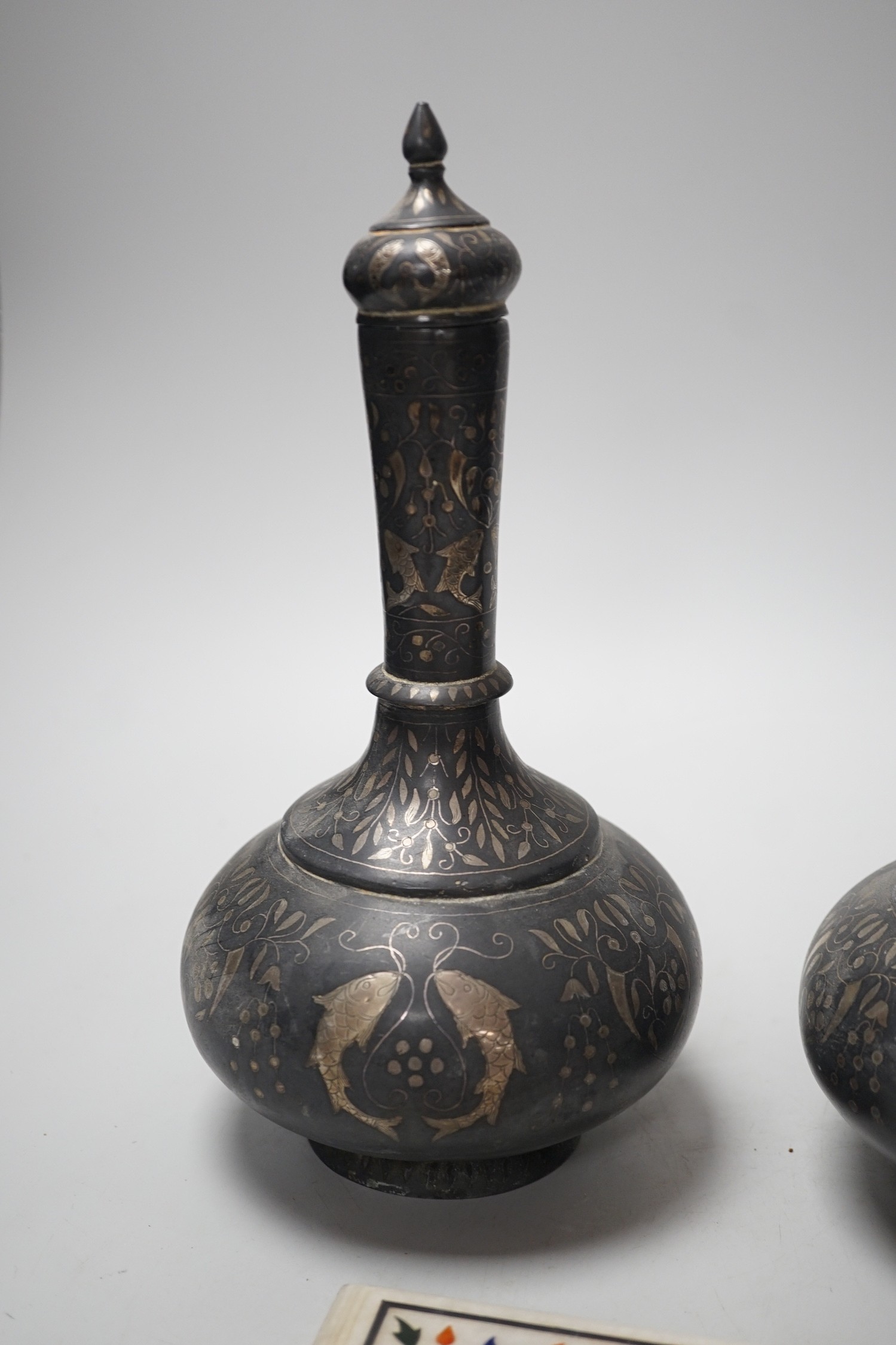 A pair of 19th century Indian Bidri ware water bottles of covers and a Pieter Durer plaque, - Bild 4 aus 5