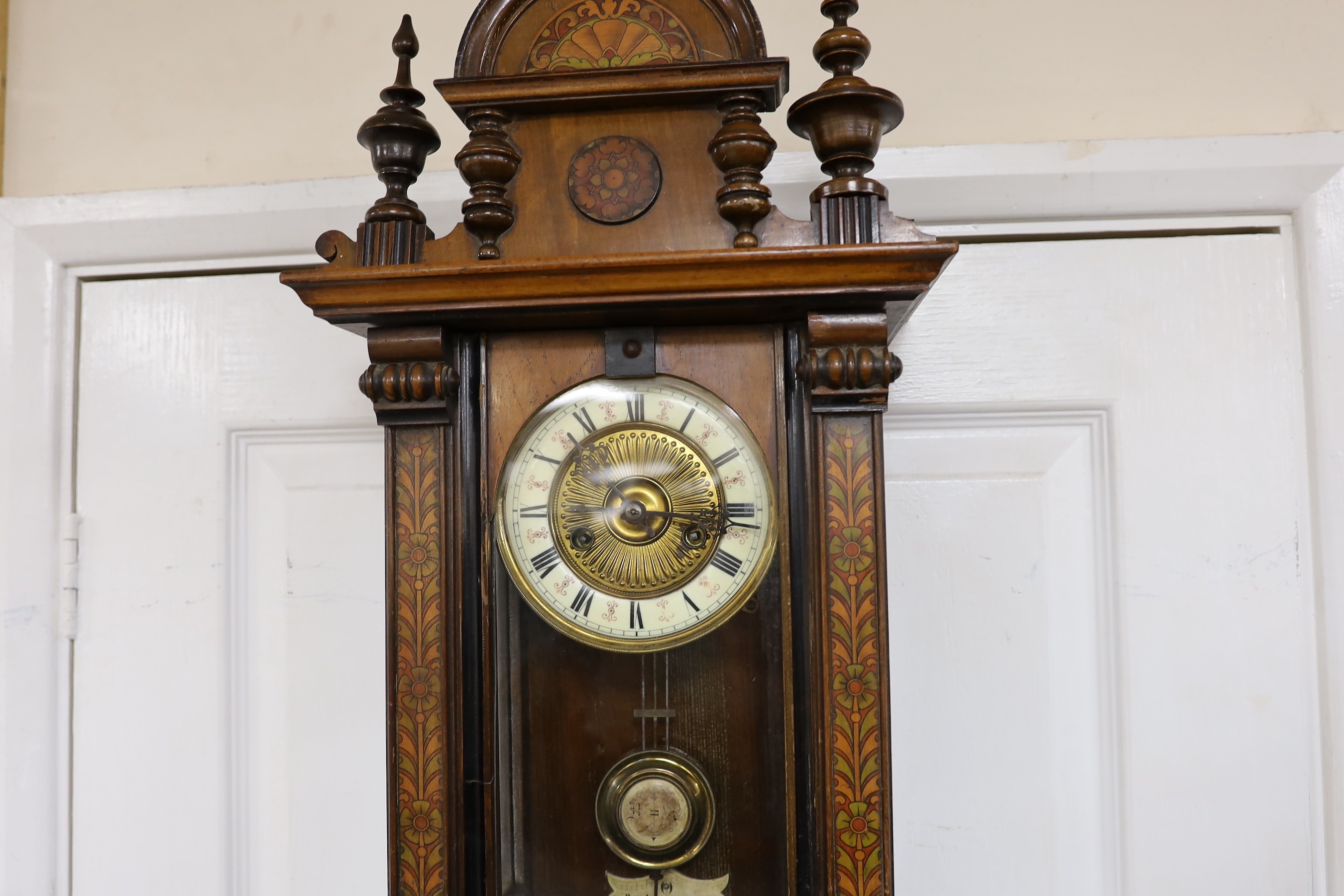 A small 19th century German wall clock with pendulum, 80cm long - Image 3 of 4
