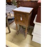A late 19th century French pine marble topped two tier bedside cabinet, width 38cm, depth 38cm,