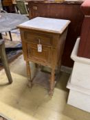 A late 19th century French pine marble topped two tier bedside cabinet, width 38cm, depth 38cm,