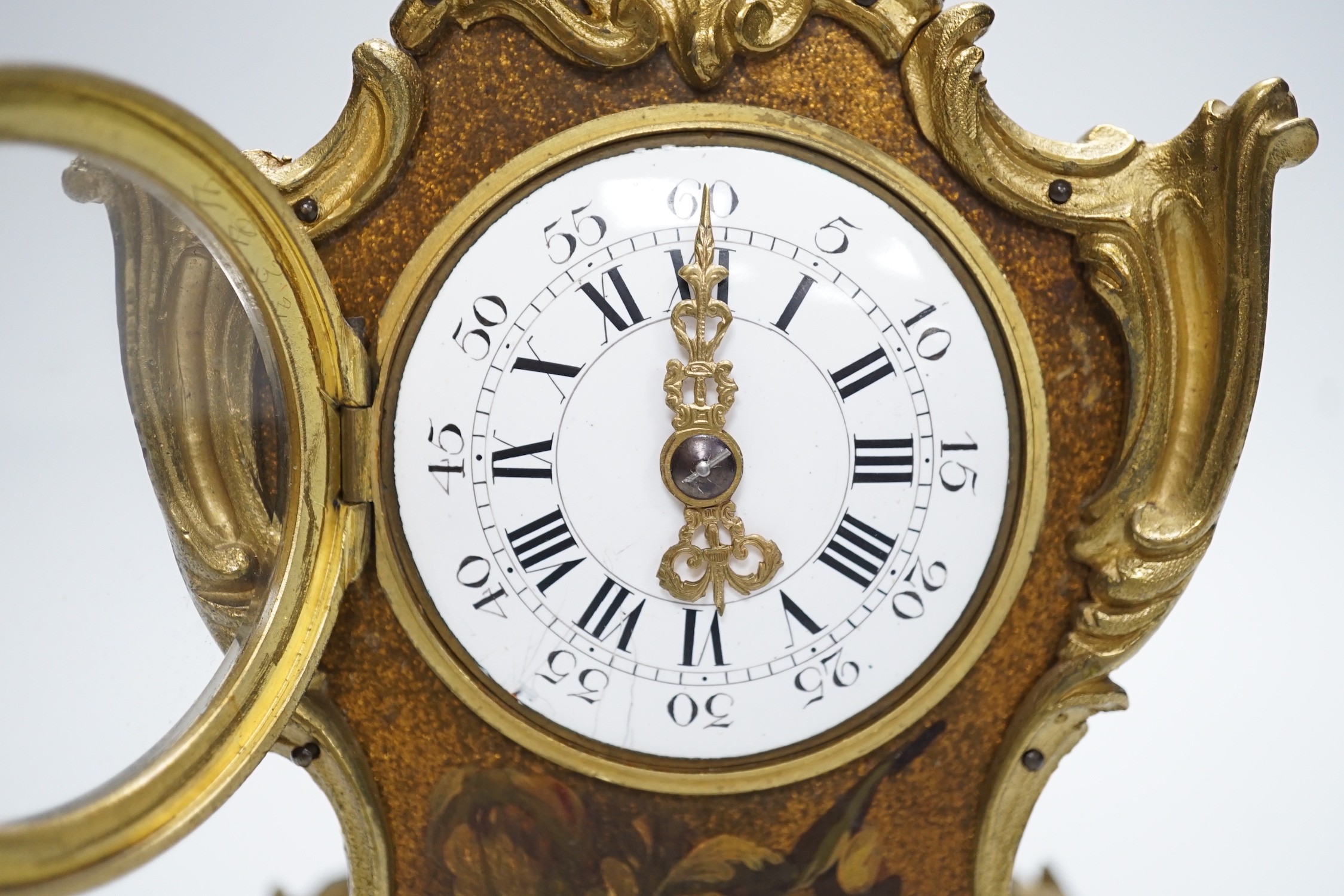 An early 20th century French gilt metal mounted painted mantel timepiece, 25cm - Image 3 of 5