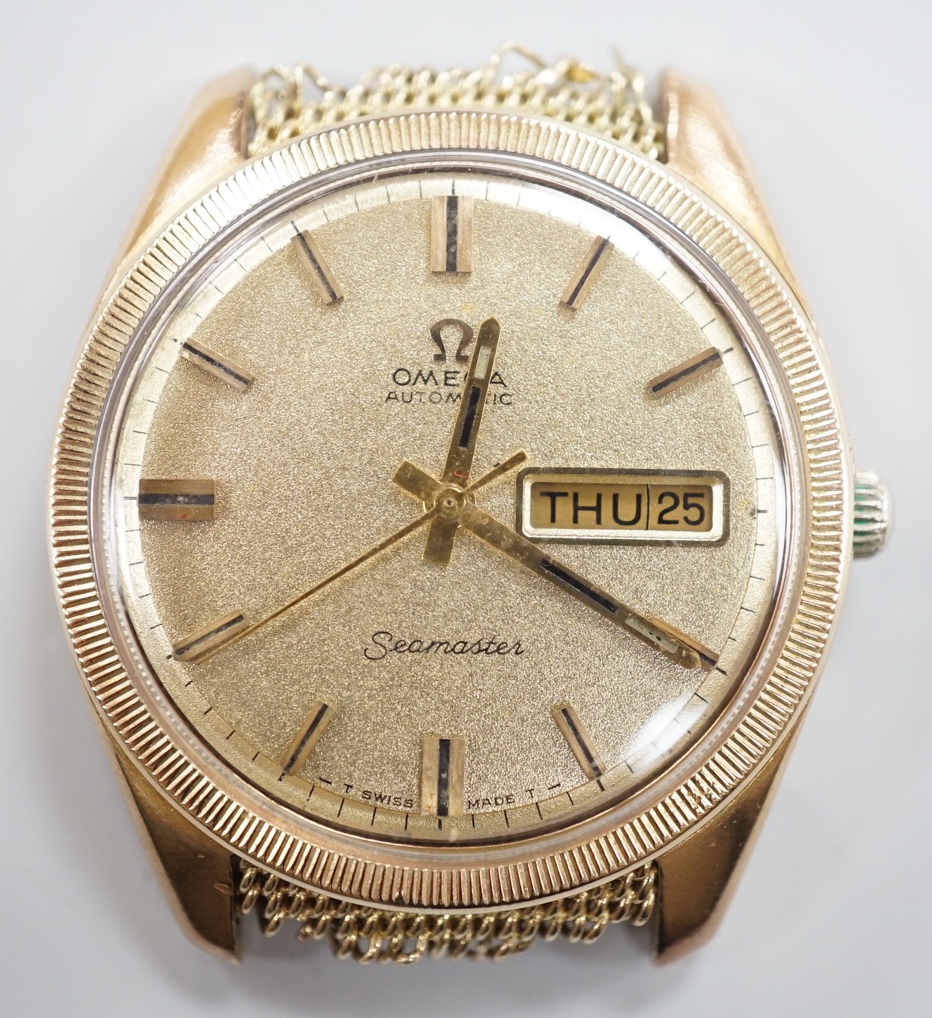 A gentleman's late 1960's 9ct gold Omega Seamaster Automatic day/date wrist watch, (lacking bracelet