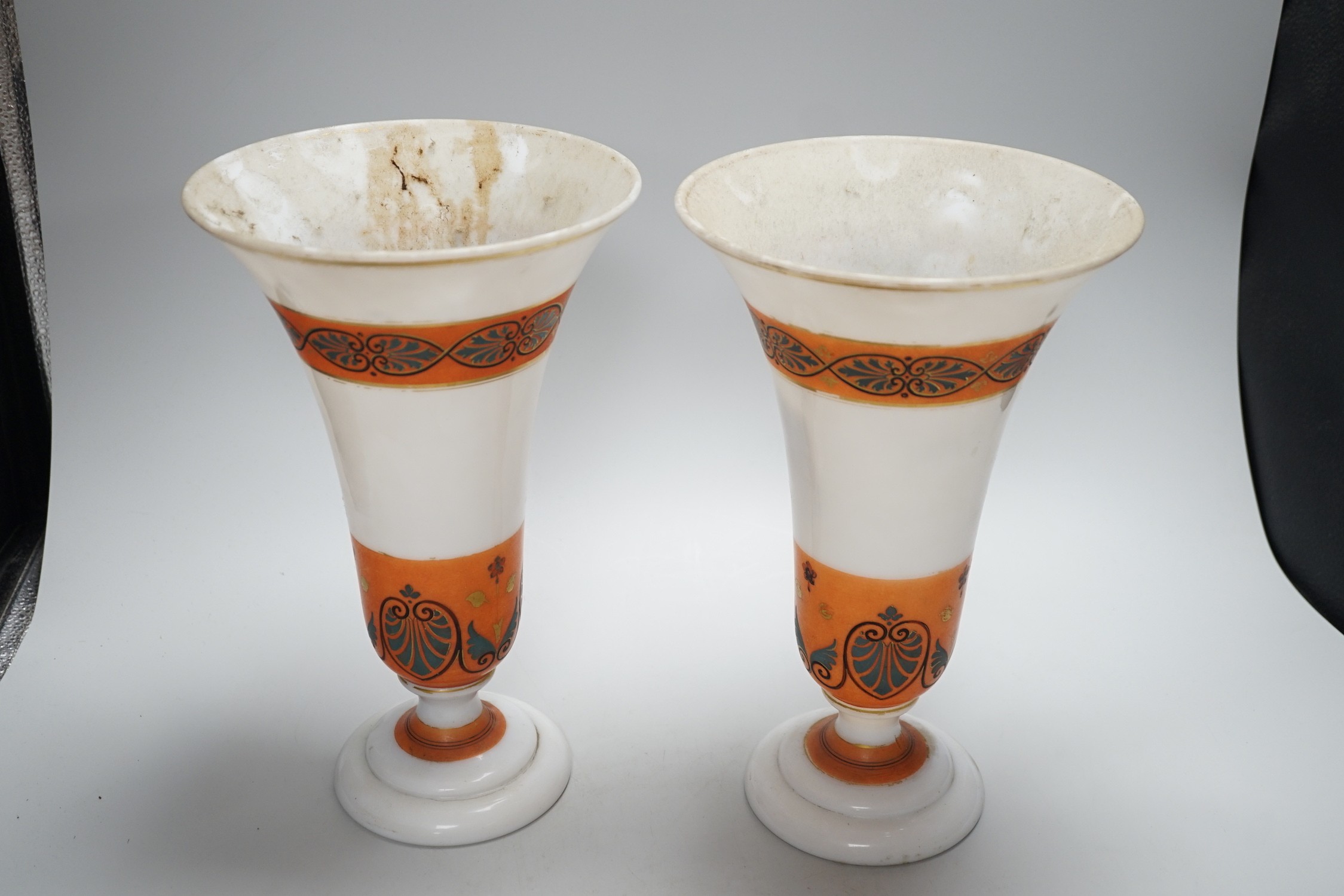 A pair of opaque glass anthemion vases, with orange decorative bands, 30cms high - Image 3 of 3