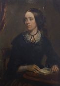 English School, mid 19th century, oil on board, Half length portrait of a seated Victorian lady,