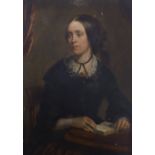 English School, mid 19th century, oil on board, Half length portrait of a seated Victorian lady,
