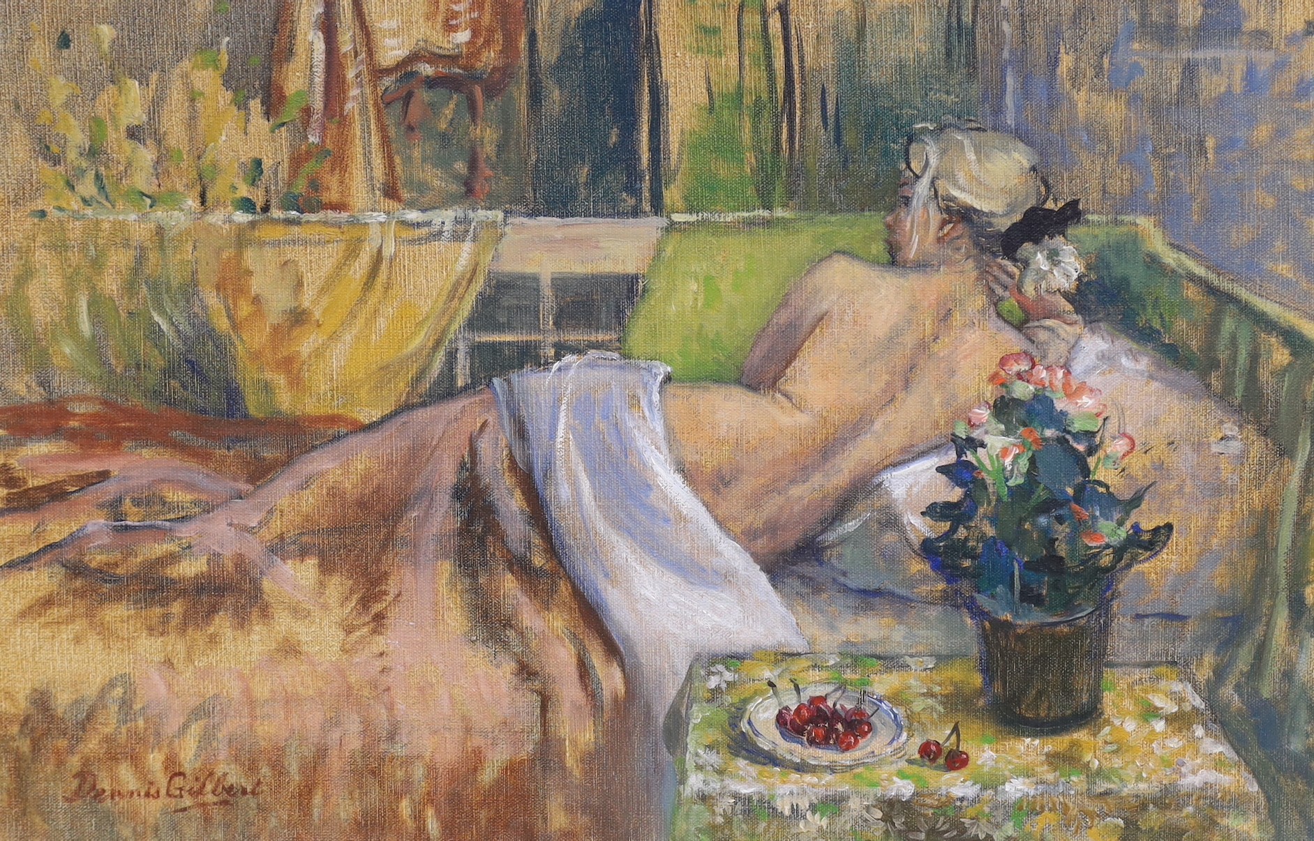 Dennis Gilbert (b.1922), oil on canvas, study of reclining nude, signed, 40 x 60cm