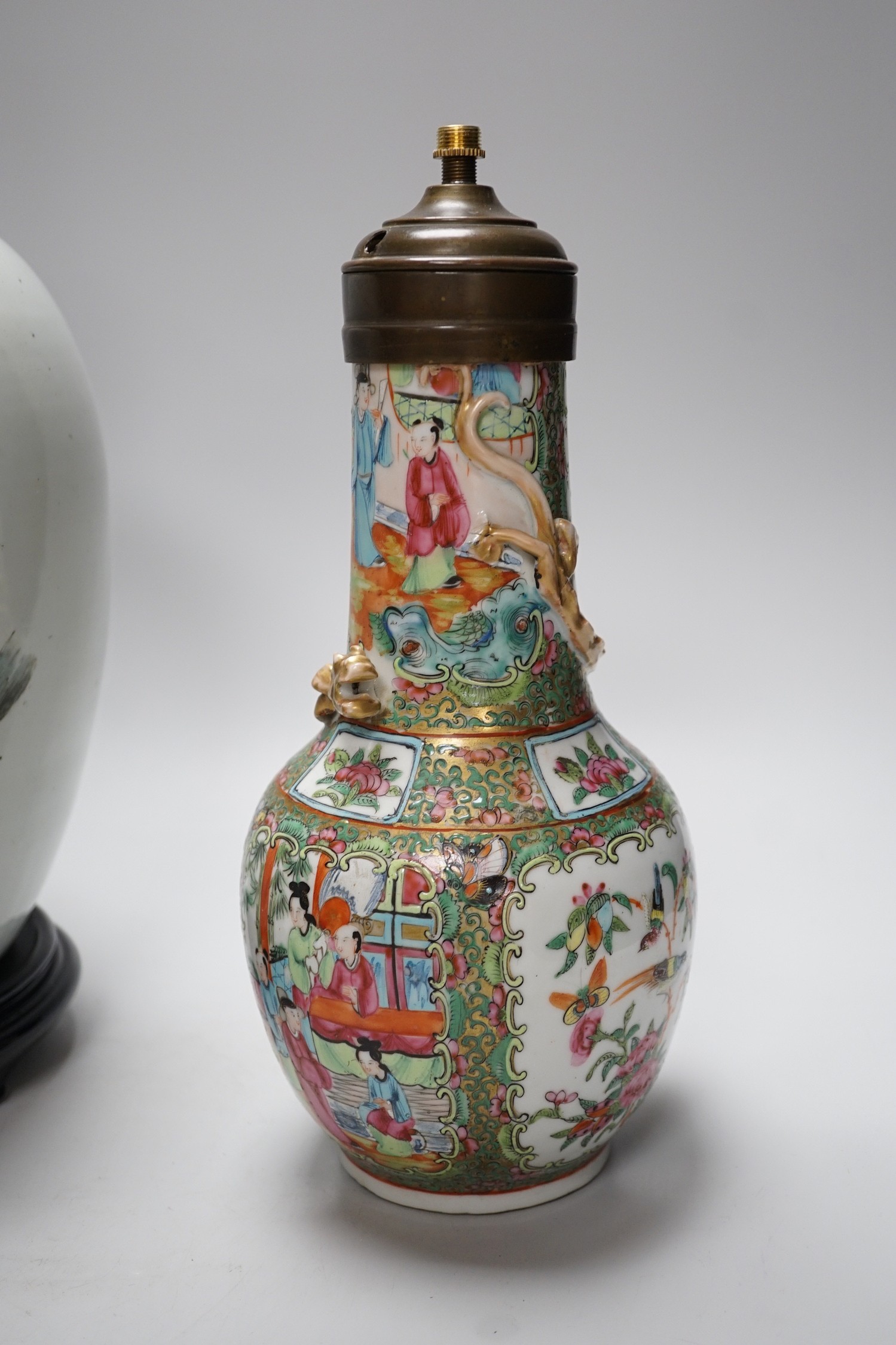 A Chinese famille rose vase converted to a lamp, 26cm, and a larger Chinese vase/lamp base, on - Image 5 of 6